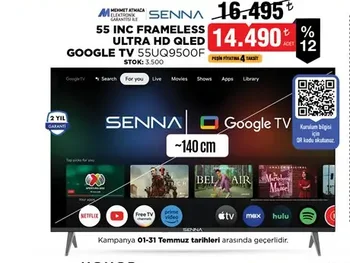 Senna 55UQ9500F 55 İnç Frameless Ultra Hd Qled Google Tv 