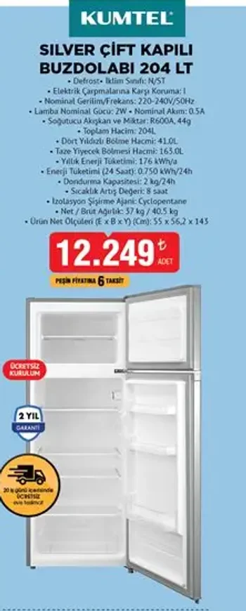 Silver Çift Kapılı Buzdolabı 204 LT